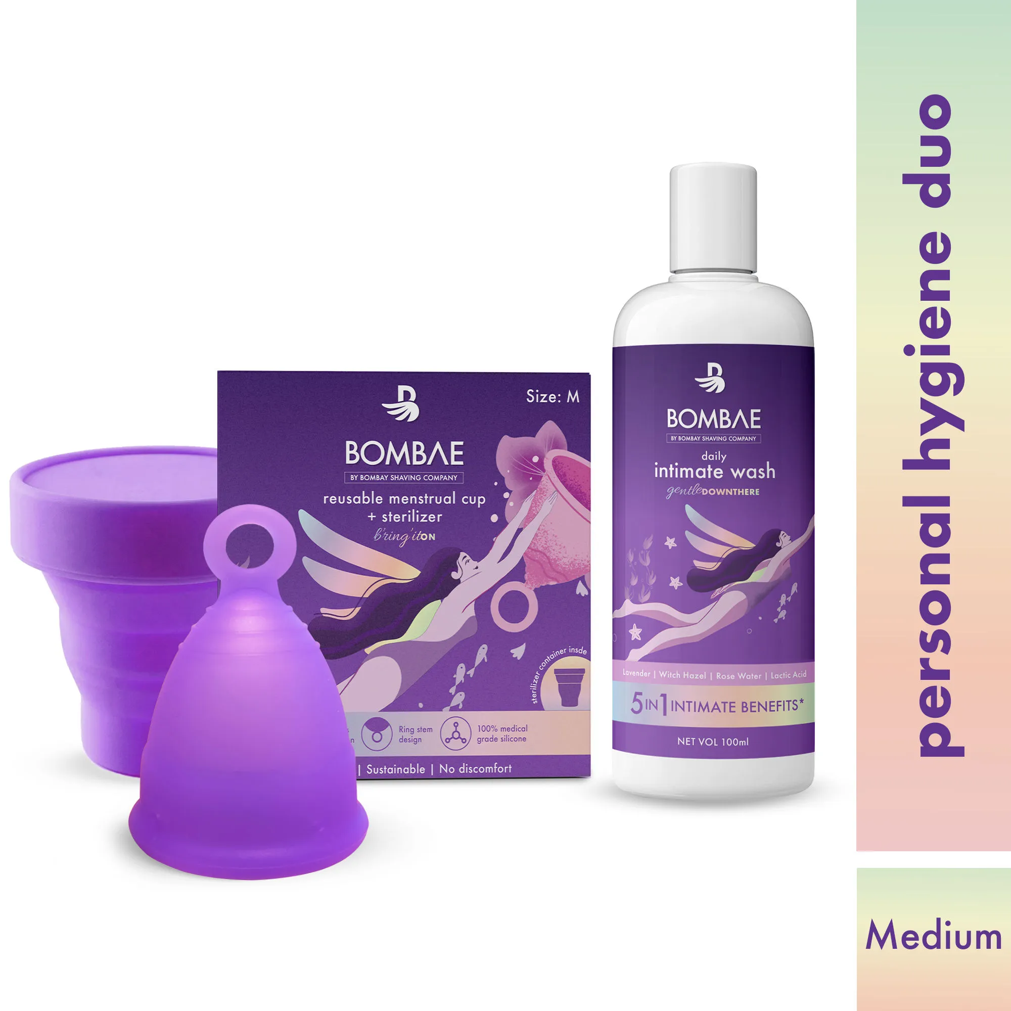 Bombae Reusable Menstrual Cup (Medium) With Sterilizer & Daily Intimate Wash Combo