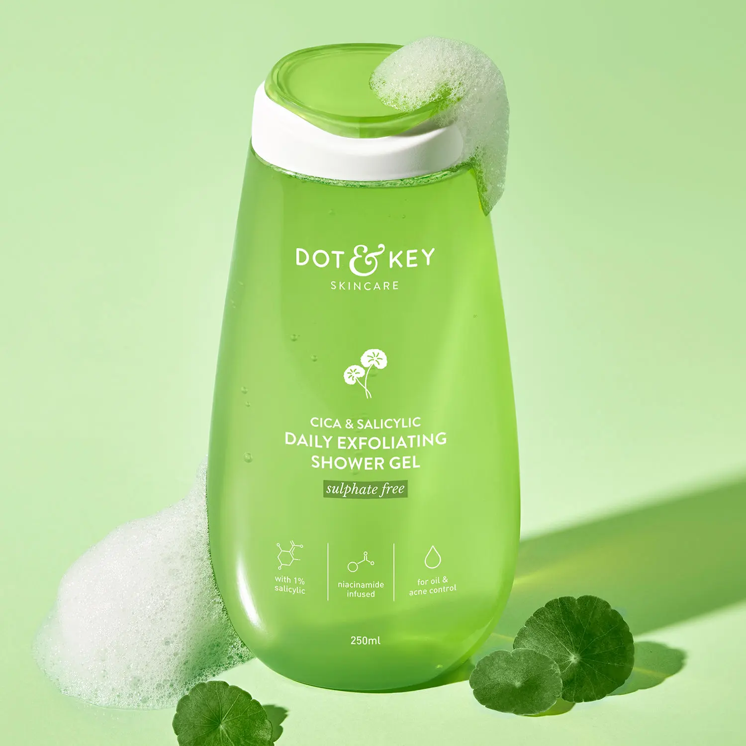 Dot & Key Cica & Salicylic Daily Exfoliating Shower Gel | Exfoliating Body Wash with 1% Salicylic Acid, CICA, Niacinamide & Green Tea | For Oily Acne-Prone & Sensitive Skin| Sulphate Free & Non Drying | Reduces Body Acne & Smoothes Irritation | 250ml