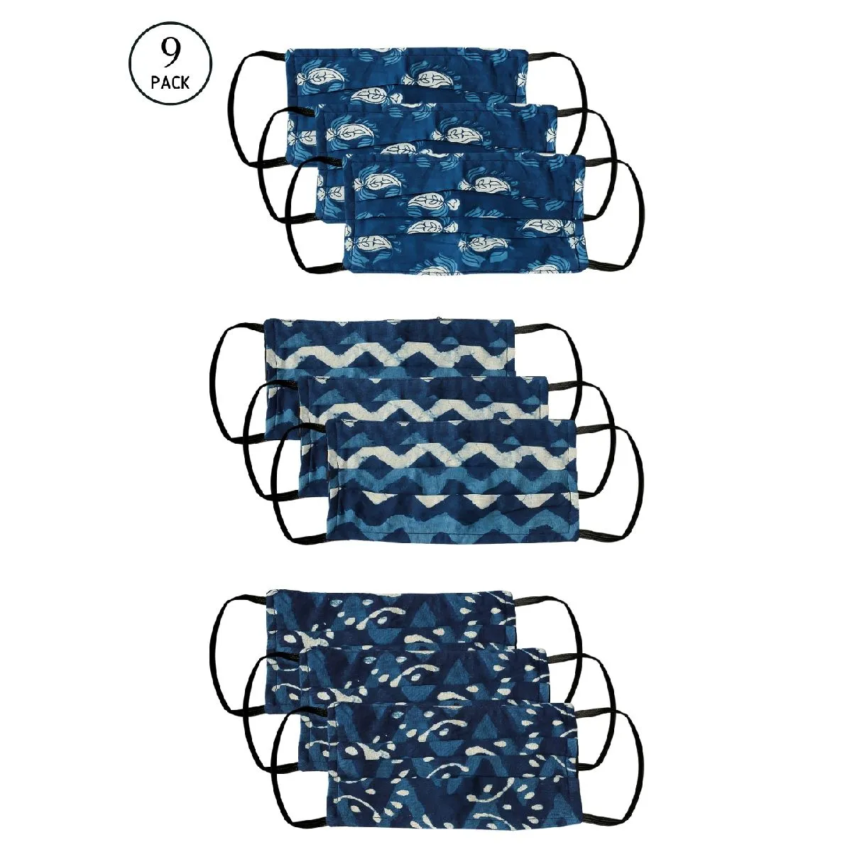 Bellofox 3-Ply Blue Indigo Paisley- Indigo Zigzag & Indigo Leaf Cotton Face Mask (Pack Of 9)