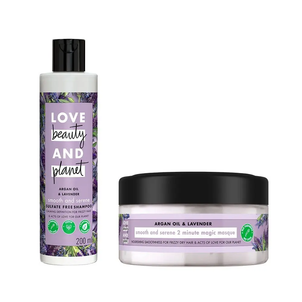 Love Beauty & Planet Argan Oil and Lavender Sulfate Free Smooth and Serene Shampoo, 200ml+Love Beauty & Planet Argan Oil & Lavender Hair Mask, 200ml