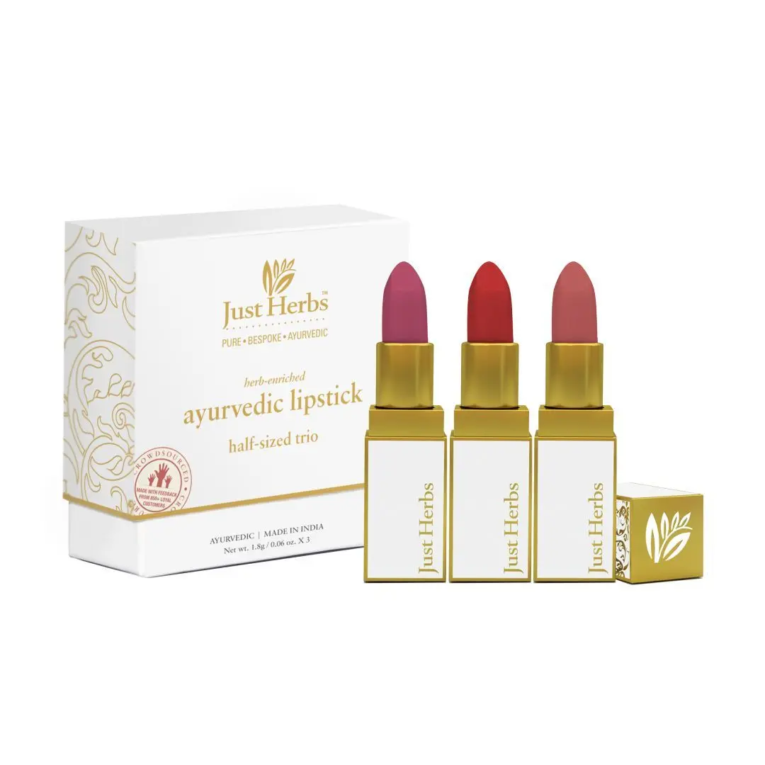 Just Herbs Ayurvedic Creamy Matte Half-Size Lipstick Kit - Peachy Pink, Burnt Red & Peachy Coral (Set of 3)