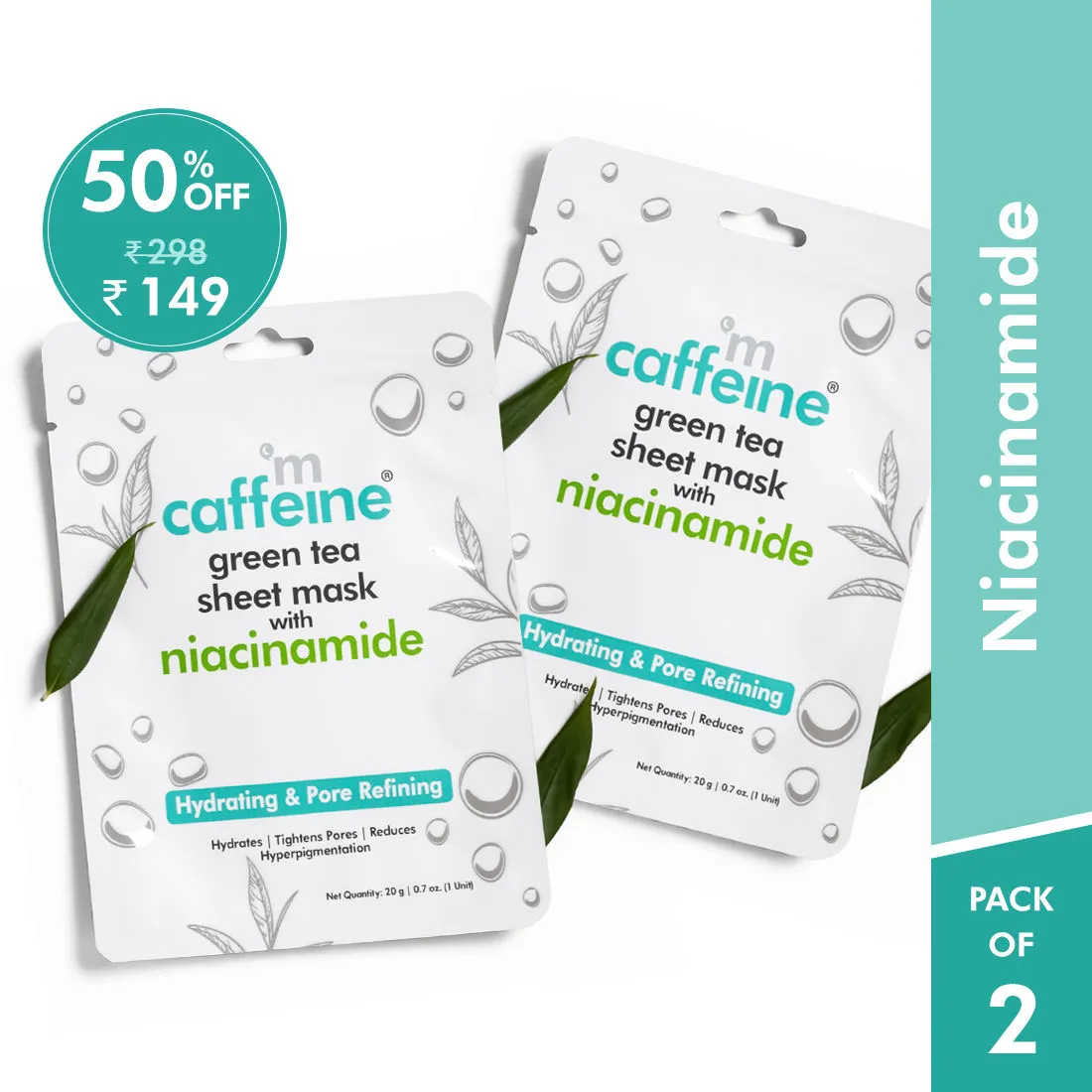 MCaffeine Niacinamide Face Sheet Masks with Green Tea for Pore Refining & 24h Hydration - Pack of 2