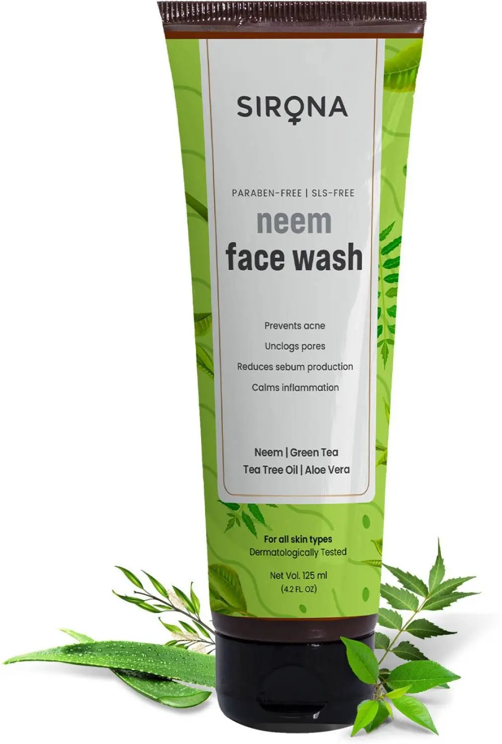 Sirona Neem Face Wash for Men & Women a€“ 125 ml with Neem, Green Tea, Tea Tree Oil & Aloe Vera | for Unclogs pores, Reduces sebum production & Calms inflammation