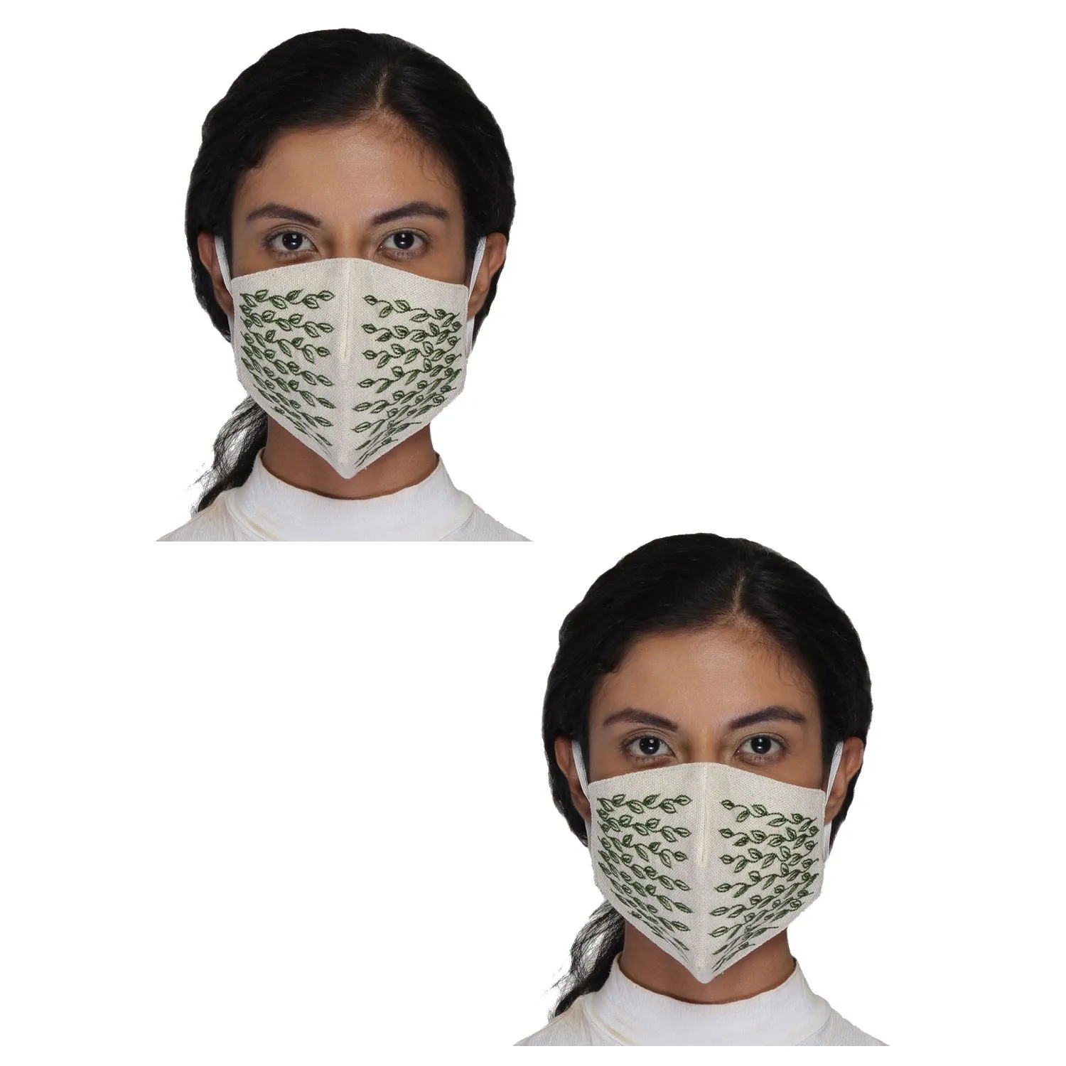 Anekaant Ivory & Green Reusable 3-Ply Cotton Embroidered Fabric Fashion Mask (Pack Of 2)