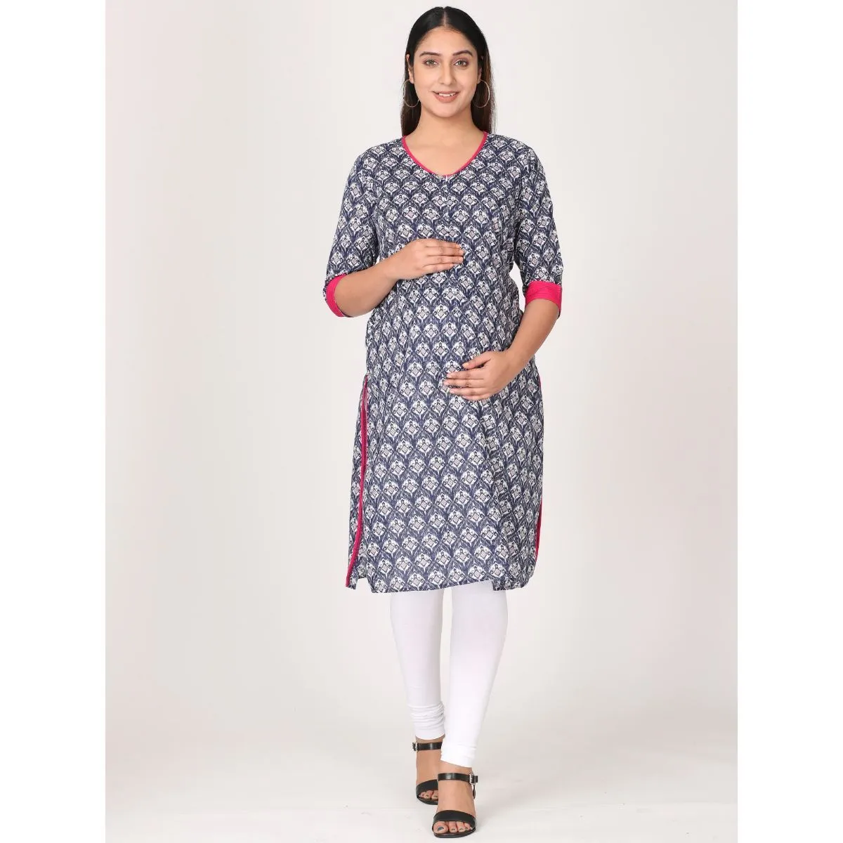 Morph Maternity Feeding Kurta With Vertical Nursing - Navy Blue (XL)