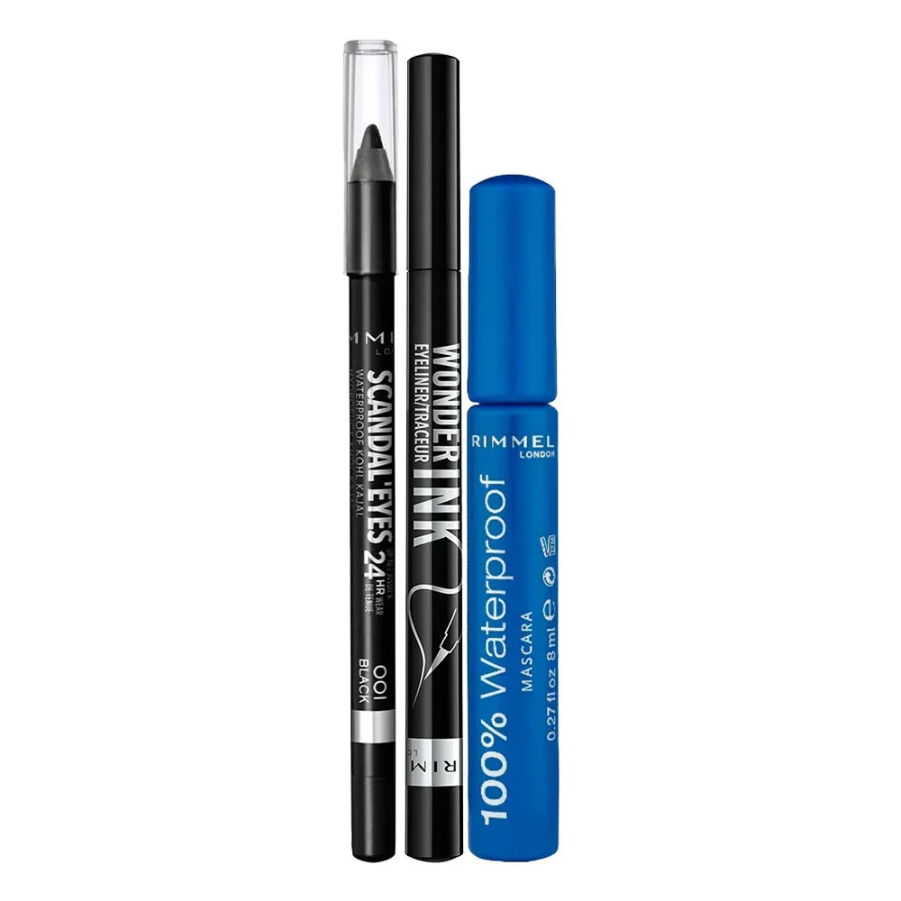 Rimmel London Combo Waterproof Kohl Kajal, Wonder'ink Eyeliner & Waterproof Mascara - Black