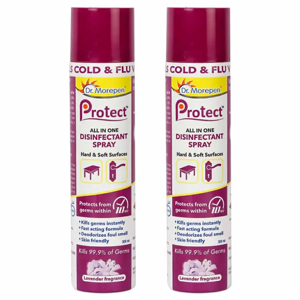 Dr. Morepen Protect All In One Disinfectant Spray (Pack of 2),  Lavender  300 ml  Kills 99.9% of Germs