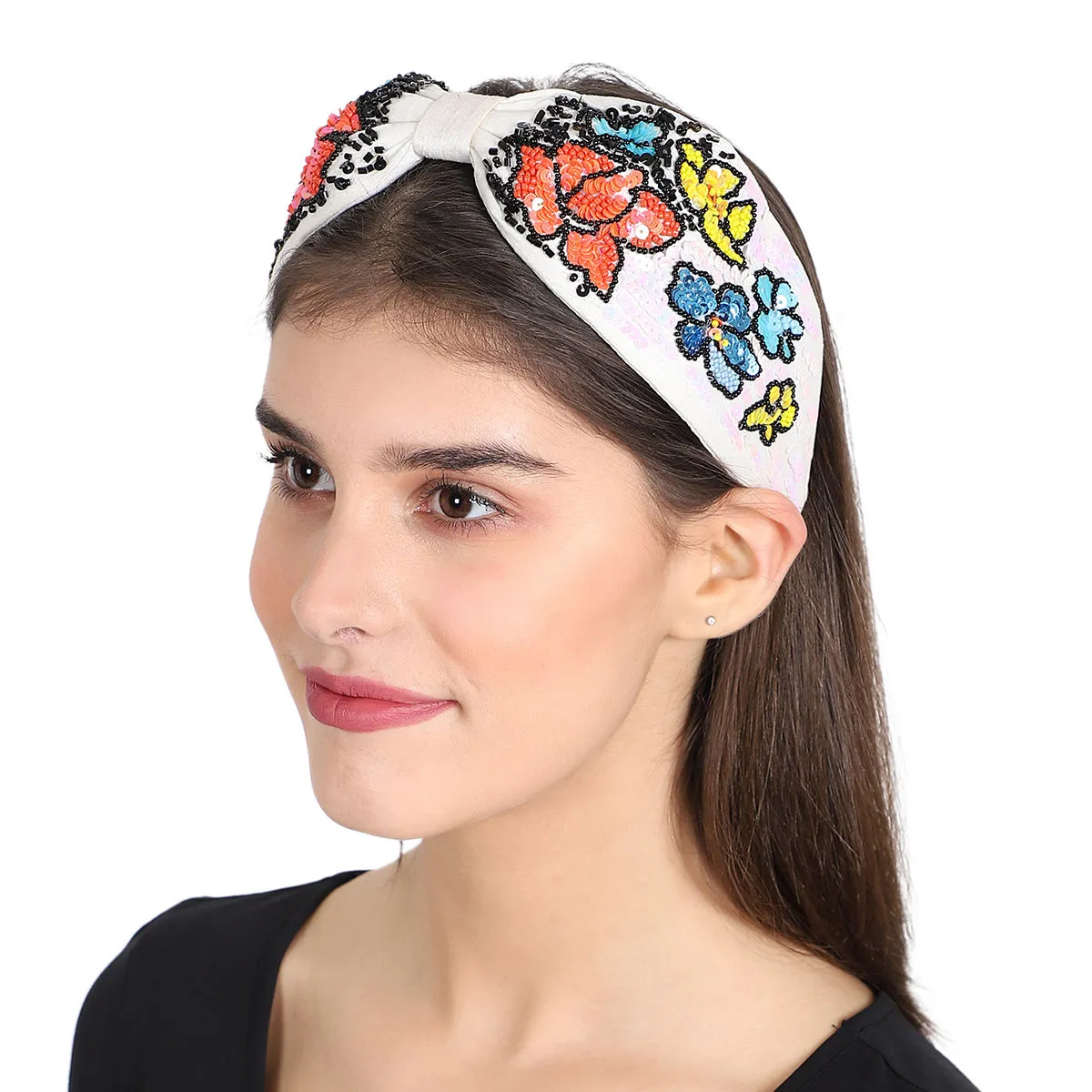 Anekaant White/multi Faux Silk Floral Sequinned Hairband