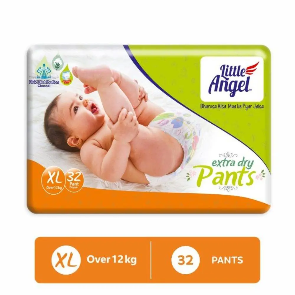 Little Angel Extra Dry Baby Pants Diaper, Extra Large (XL) Size, 32 Count, Super Absorbent Core Up to 12 Hrs. Protection, Soft Elastic Waist Grip & Wetness Indicator, Pack of 1, Over 12kg