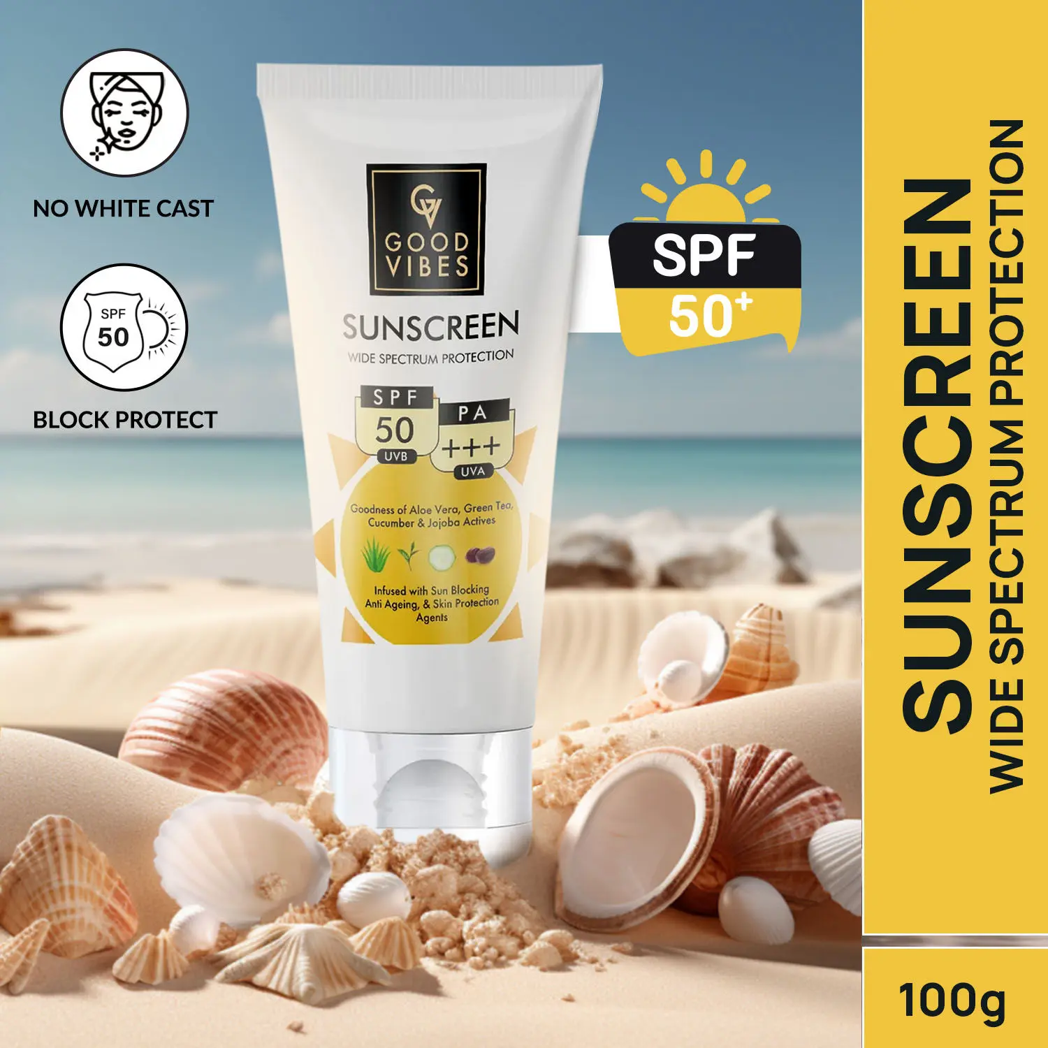 Good Vibes Wide Spectrum Protection Sunscreen with SPF 50 | Non-Greasy, Anti-Ageing | With Aloe Vera | No Parabens, No Animal Testing (100 g)