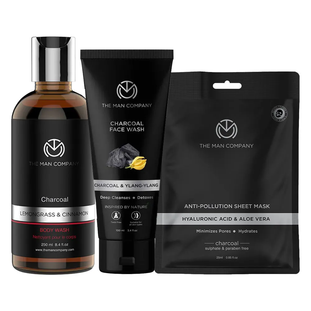 The Man Company Charcoal Face Wash, Charcoal Sheet Mask & Charcoal Body Wash