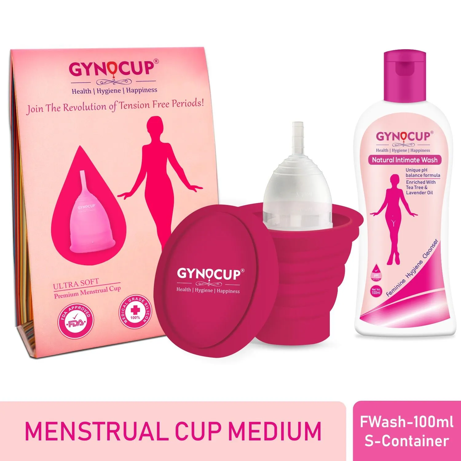 GynoCup Menstrual Cup For Women Transparent,medium Size With Womenwash And Sterilizer(Combo Kit)