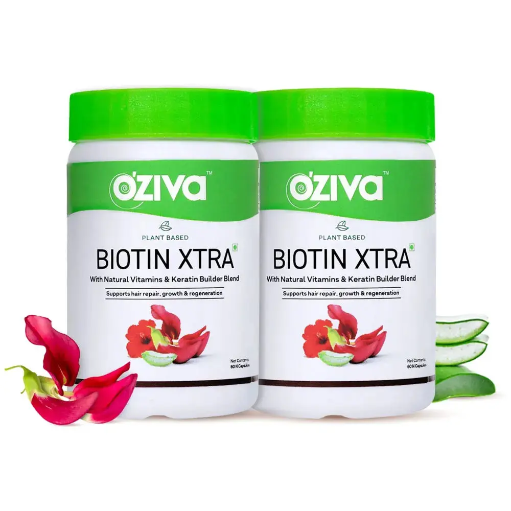 Oziva Plant Based Biotin Xtra with Keratin Builder for Hair Repair & Regeneration (Pack of 2)