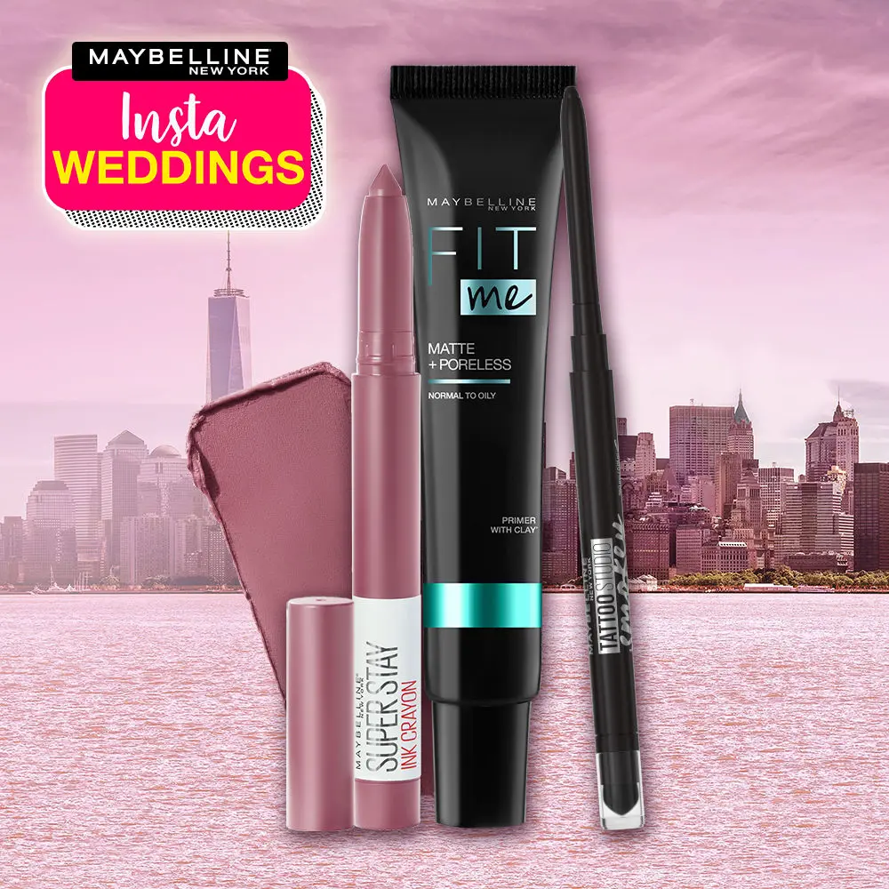 Maybelline New York InstaWeddings Mystical Weddings Combo - Pack of 3 (Fit Me Primer - Matte + Poreless, 30g + SuperStay Caryon - Stay Exceptional, 1.2g + Tattoo Studio Smokey Gel Pencil - Black, 0.28g)