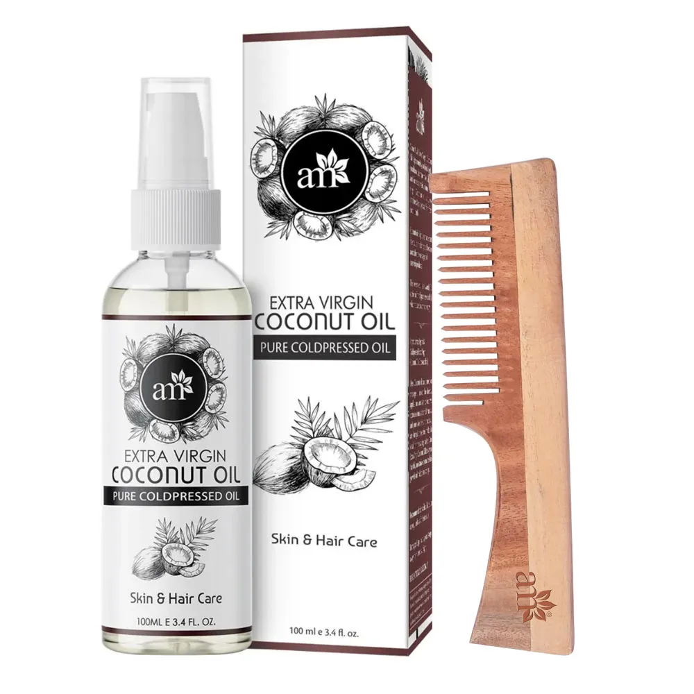 AromaMusk Cold Pressed Extra Virgin Coconut Oil & Neem Wood Comb with Handle