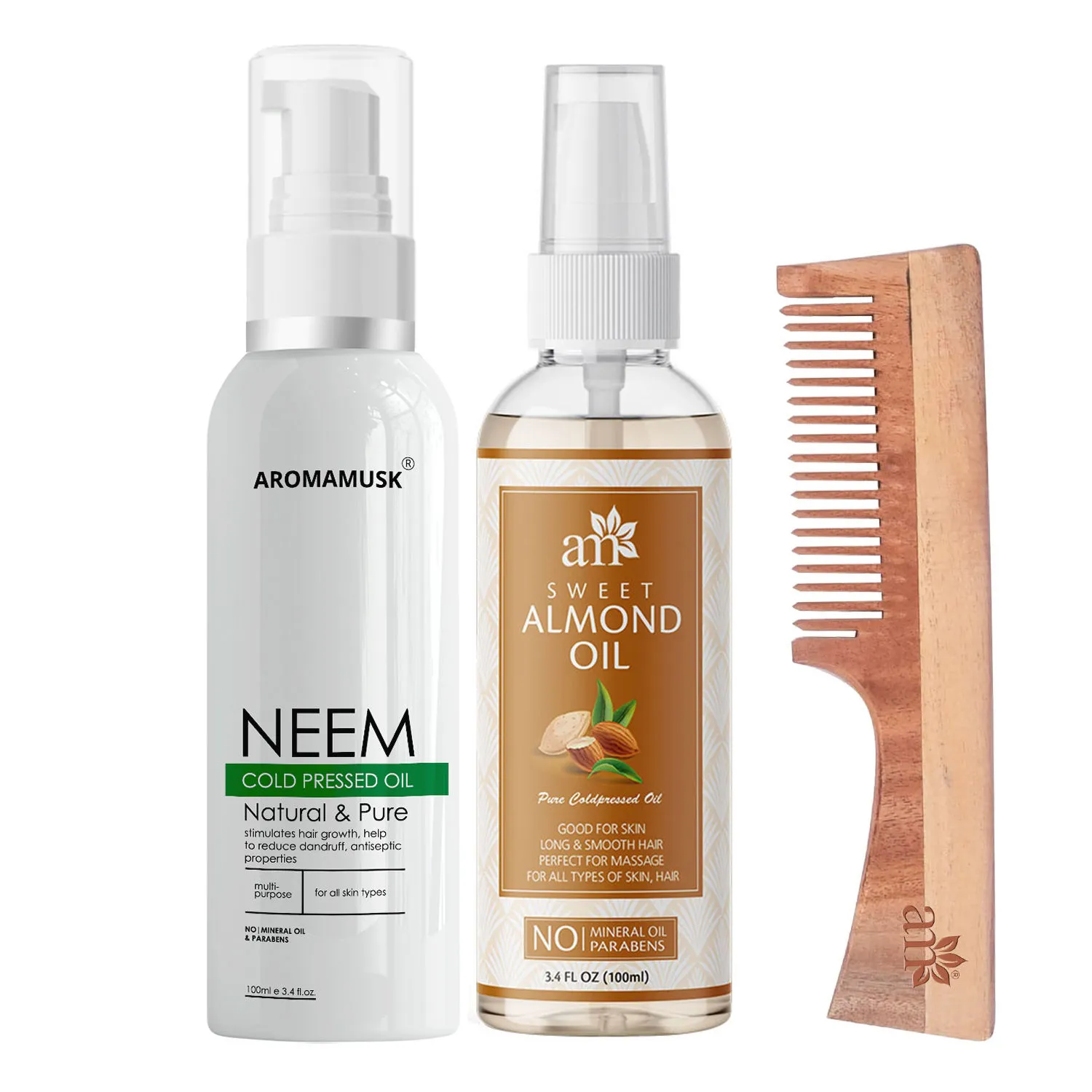 AromaMusk Organic 100% Pure Cold Pressed Neem Sweet Almond Oil & Neem Wood Comb with Handle