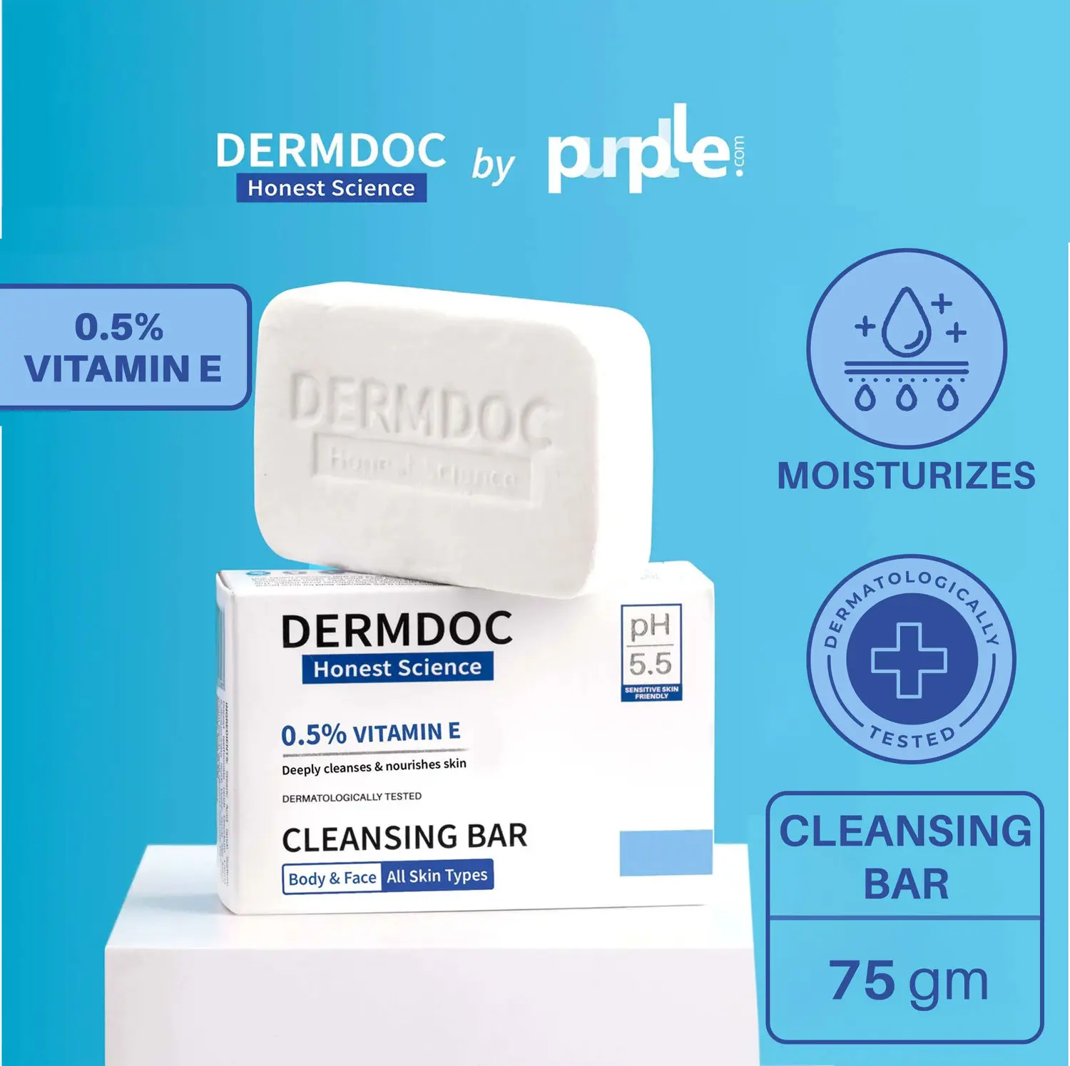 DERMDOC by Purplle 0.5% Vitamin E Cleansing Bar (75g) | Soap Free, Alkali Free | Mild, Gentle Cleansing Soap, Moisturising Soap, pH 5.5 Soap | vitamin e for dry skin | facial cleansing bar