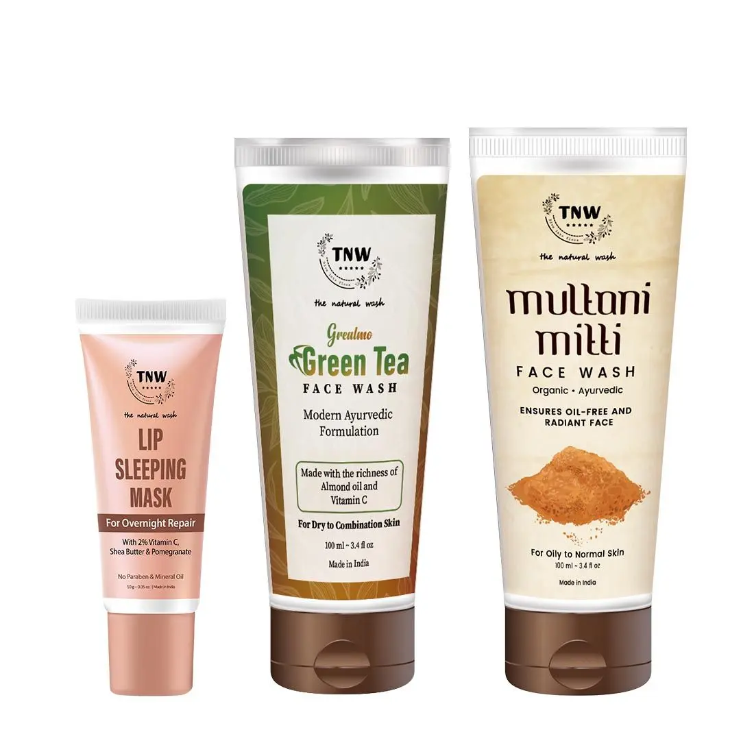 Combo of 3- Green Tea Face Wash 100ml + Lip Sleeping Mask 10g + Multani Mitti Face Wash 100ml