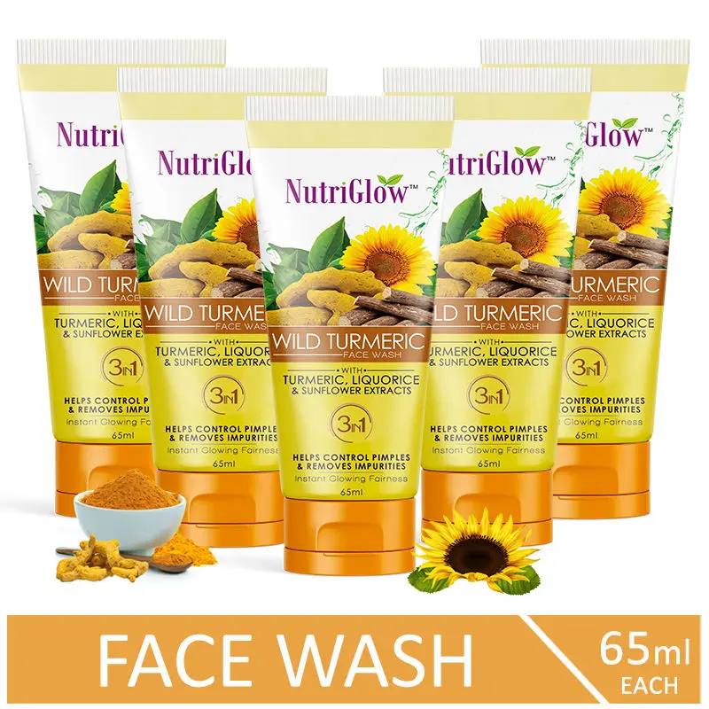 NutriGlow Set of 5 Wild Turmeric Face Wash With Turmeric, Liquorice & Sunflower Extracts, 65ml each