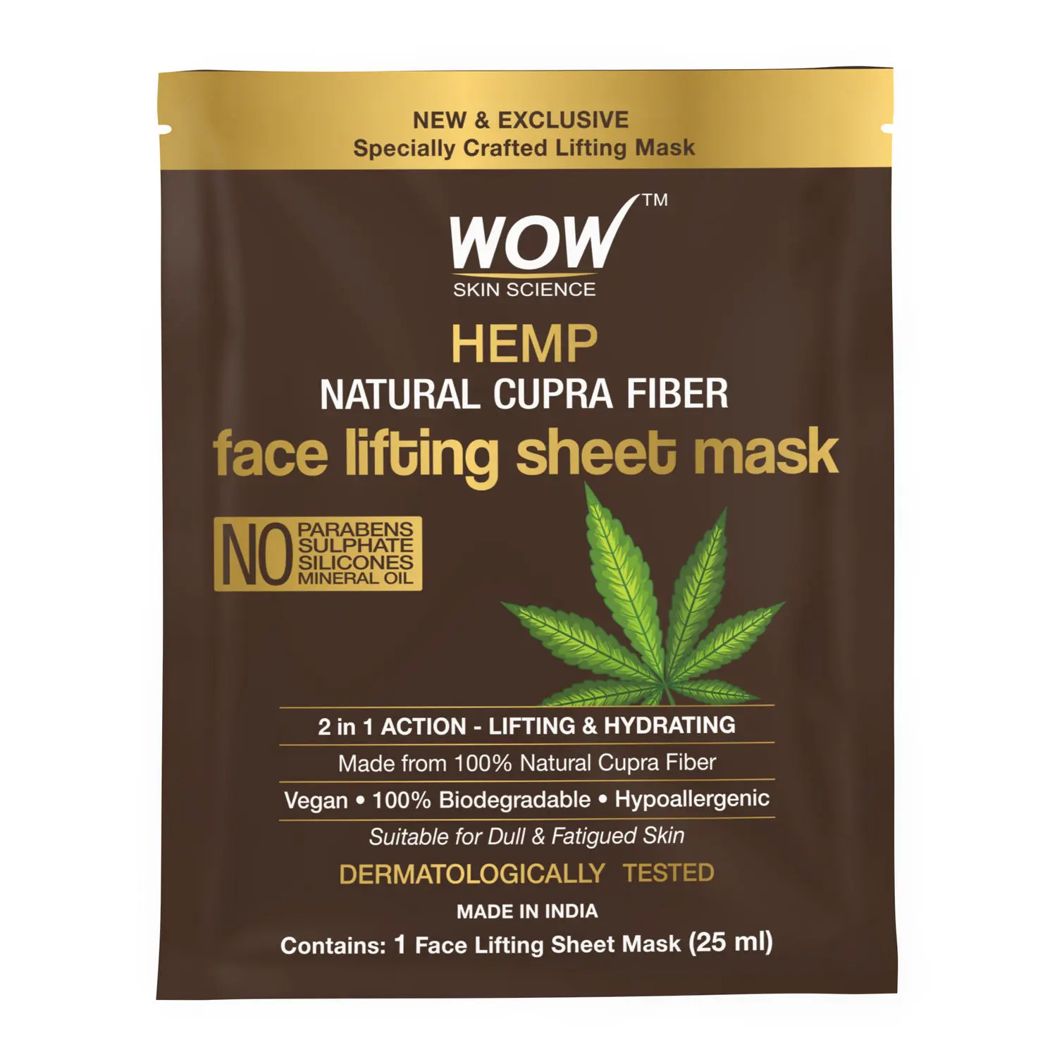 WOW Skin Science Hemp Natural Cupra Fiber Face Lifting Sheet Mask - Prevents UV Damage And Repairs Skin Barrier - 25ml