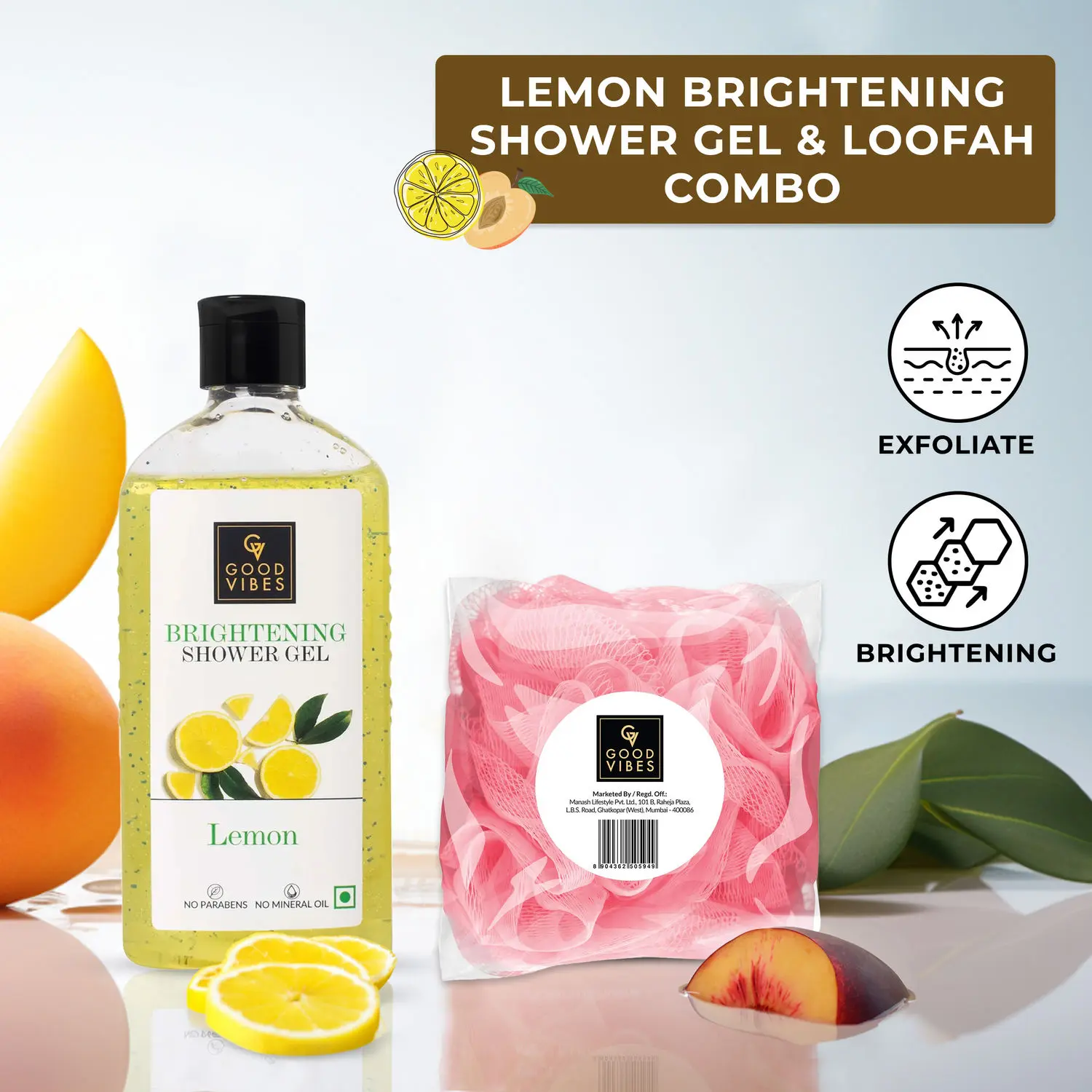 Good Vibes Exfoliate and Brighten Your Skin with Our Lemon Brightening Shower Gel and Loofah Combo