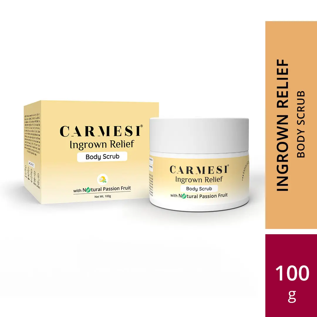 Carmesi Ingrown Relief Body Scrub | Releases Trapped Ingrown Hair | Aids in Gentle Exfoliation | No Strawberry Skin | With Natural Passion Fruit Extract, Lactic Acid, & Glycolic Acid | 100 g