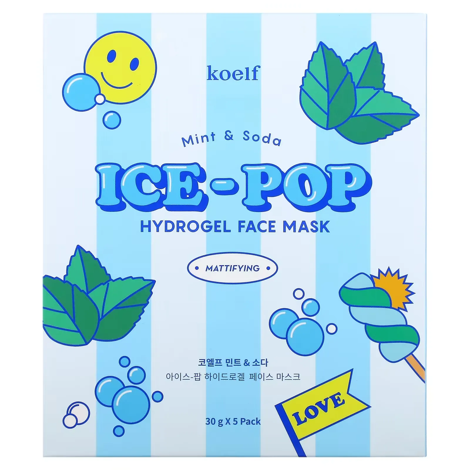 Ice-Pop Hydrogel Beauty Face Mask, Mint & Soda, 5 Sheets, 30 g Each