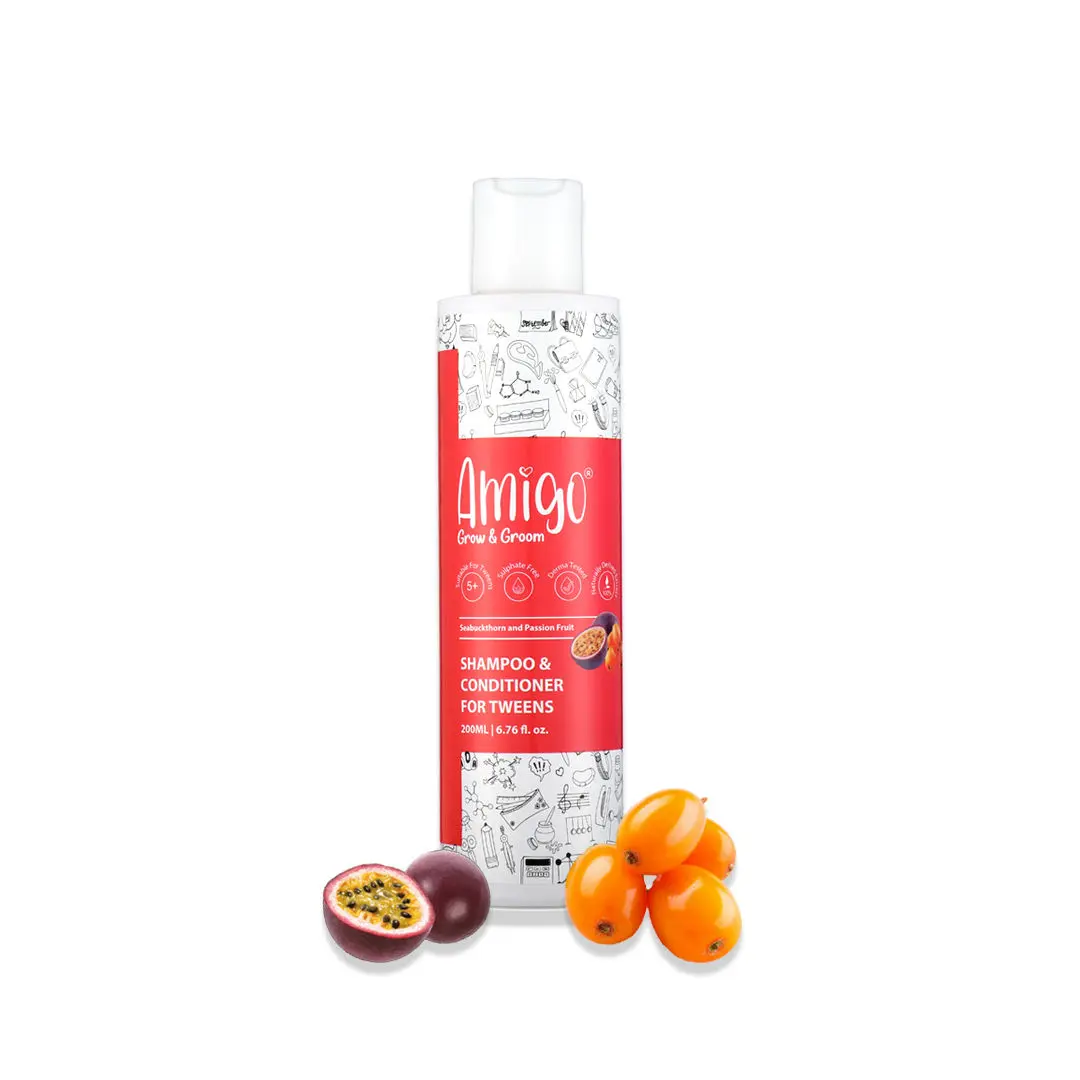 Amigo 2 IN 1 Shampoo & Conditioner for Kids, Paraben & Sulfate Free, Gentle & Mild with Passion Fruit & Sea Buckthorn extract (200 ml)