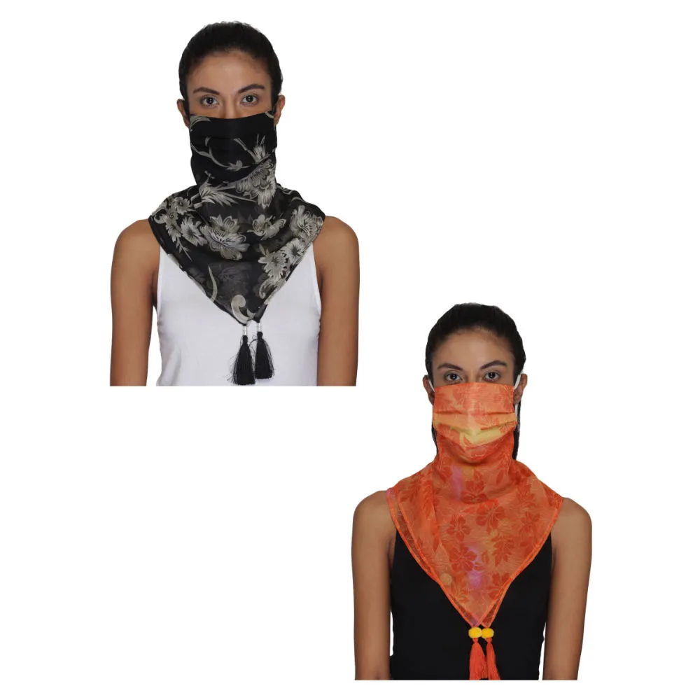 Anekaant Pack Of 2 Multicolor 3-Ply Reusable Poly Chiffon Printed Tesselled Scarf Style Fashion Mask