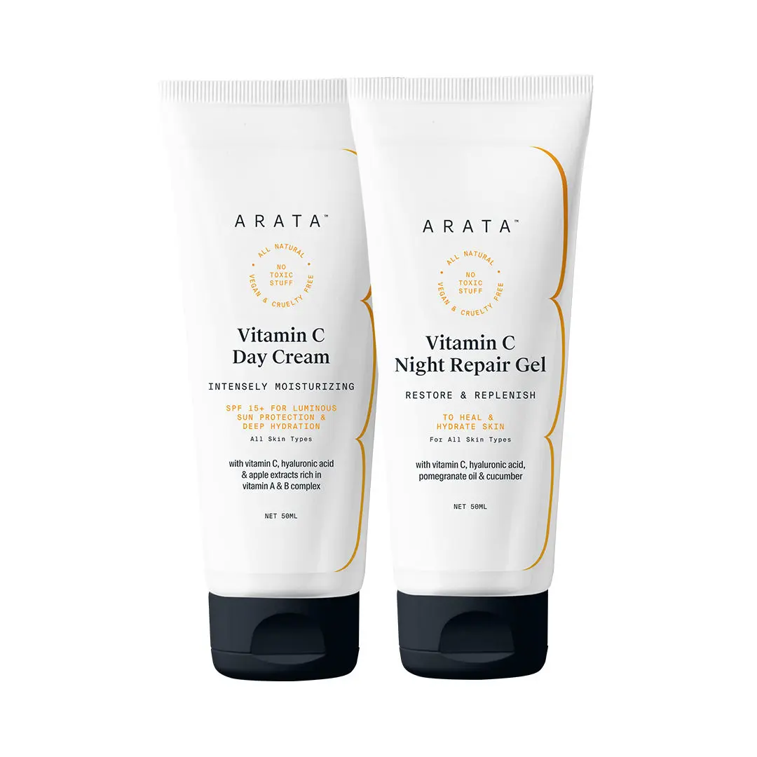 Arata 24x7 Vitamin C Protection Combo With Vitamin C Day Cream (50 ML) & Vitamin C Night Repair Gel (50 ML) | With SPF 15+ | Infused With Hyaluronic Acid, Apple, Pomegranate & Cucumber | All Skin Types | All-Natural, Non-Toxic