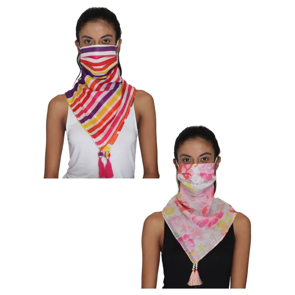 Anekaant Pack Of 2 Multicolor 3-Ply Reusable Printed Tasselled Scarf Style Fashion Mask