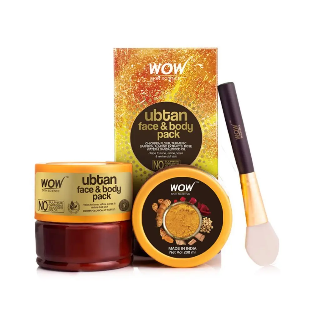 WOW Skin Science Ubtan Face & Body Pack For Tan Removal And Skin Brightening - With Chickpea Flour, Almond, Safron & Turmeric Extracts - No Sulphate, Parabens, Silicones & Color, 200 ml