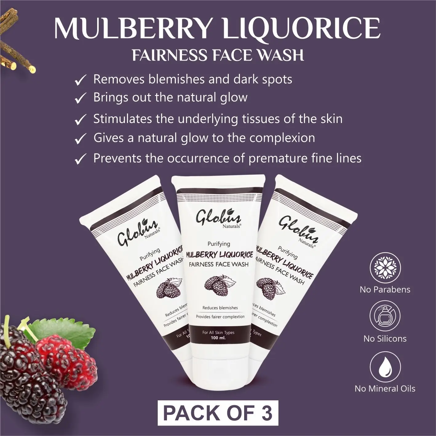 Globus Naturals Mulberry Liquorice Fairness Face Wash 100 Gms (Pack Of 3)