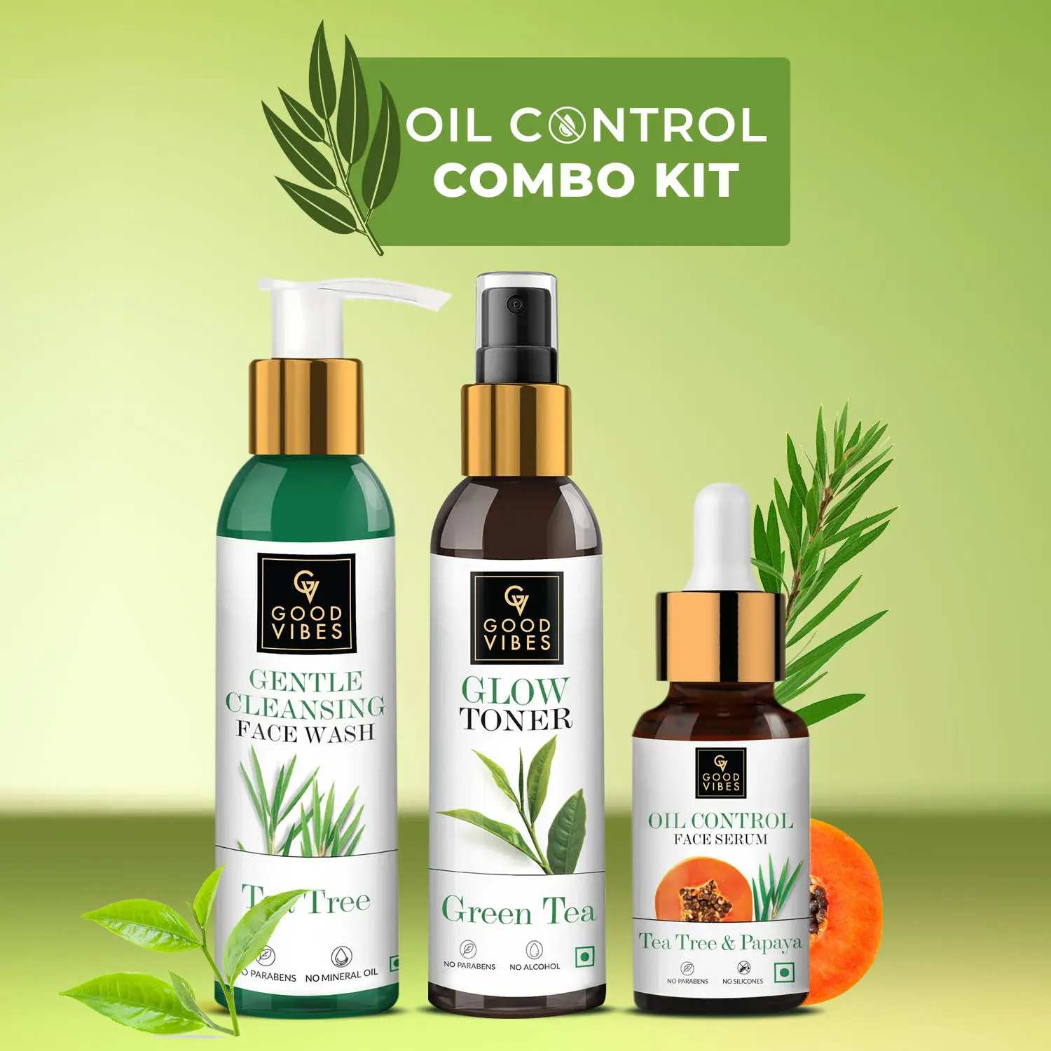 Good Vibes Oil Control Combo Kit (Tea Tree & Papaya Serum 10ml + Tea tree Face Wash 120 ml + Green Tea Toner 120 ml)