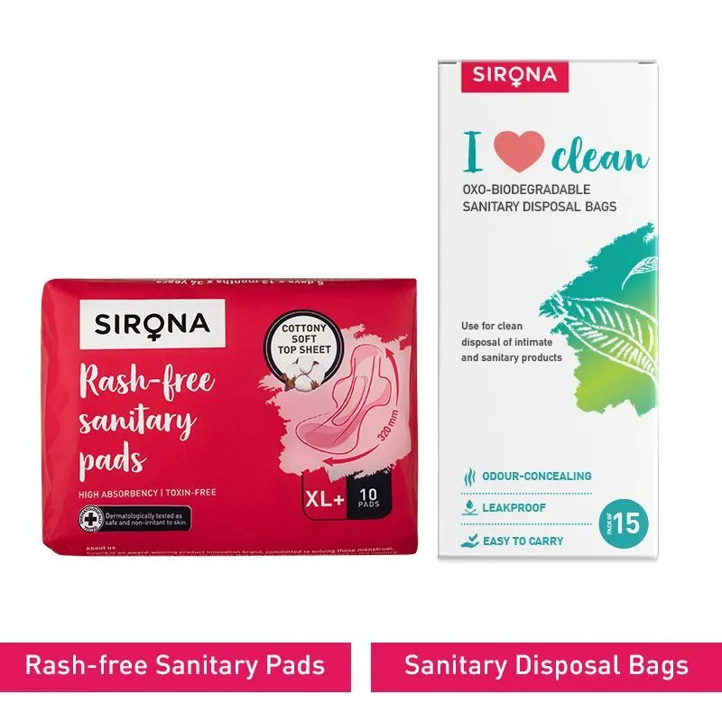 Sirona Cottony Soft Rash Free Sanitary Pads - Pack Of 10 (xl+) With Sanitary Disposal Bags