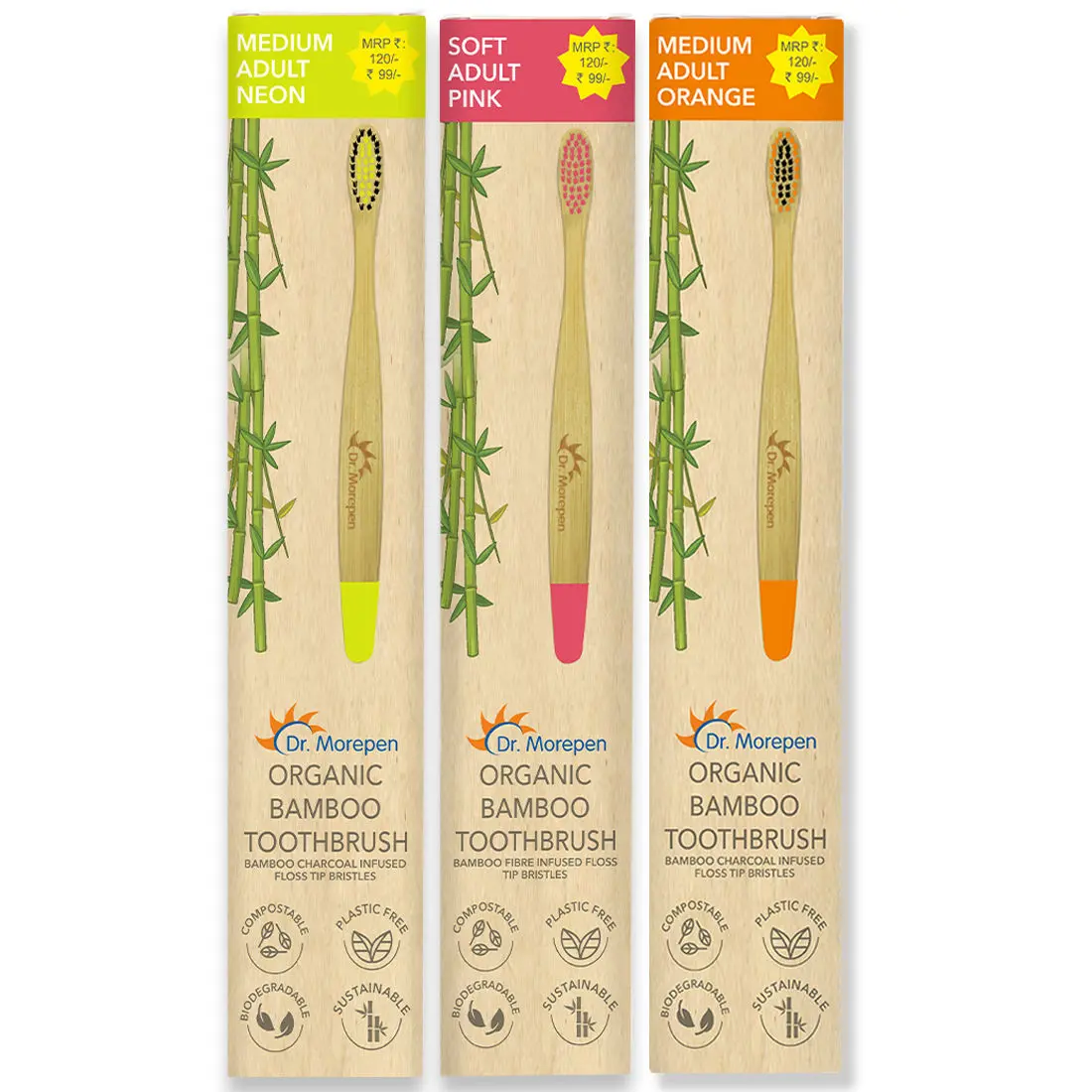 DR. MOREPEN Organic Bamboo Toothbrush For Adults - Neon, Pink & Orange