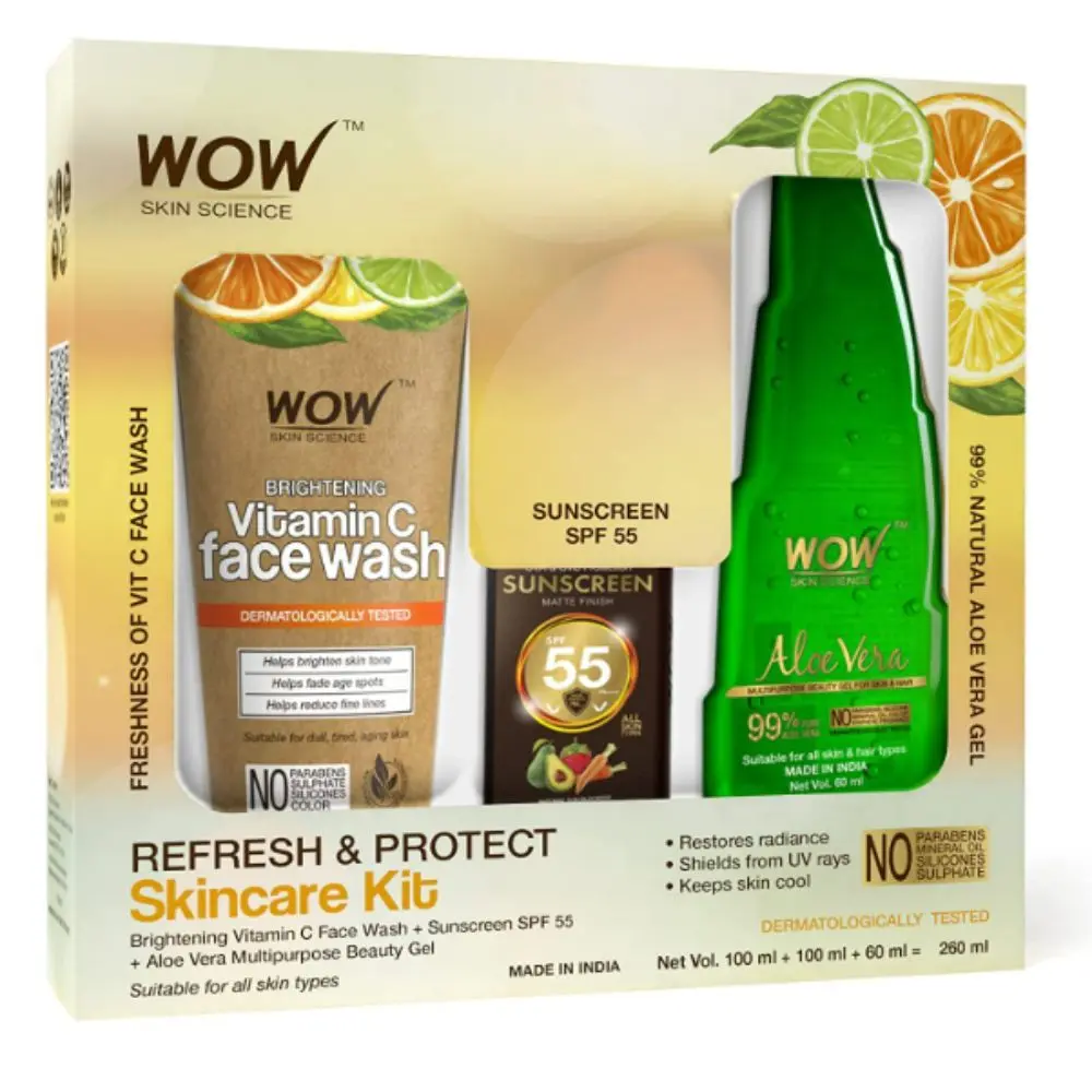 WOW Skin Science Skin Care Face Kit - consists of 99% Pure Aloe Vera Gel, Sunscreen Lotion SPF-55 PA+++ & Vitamin C Face Wash Paper Tube - Net Vol. 260mL