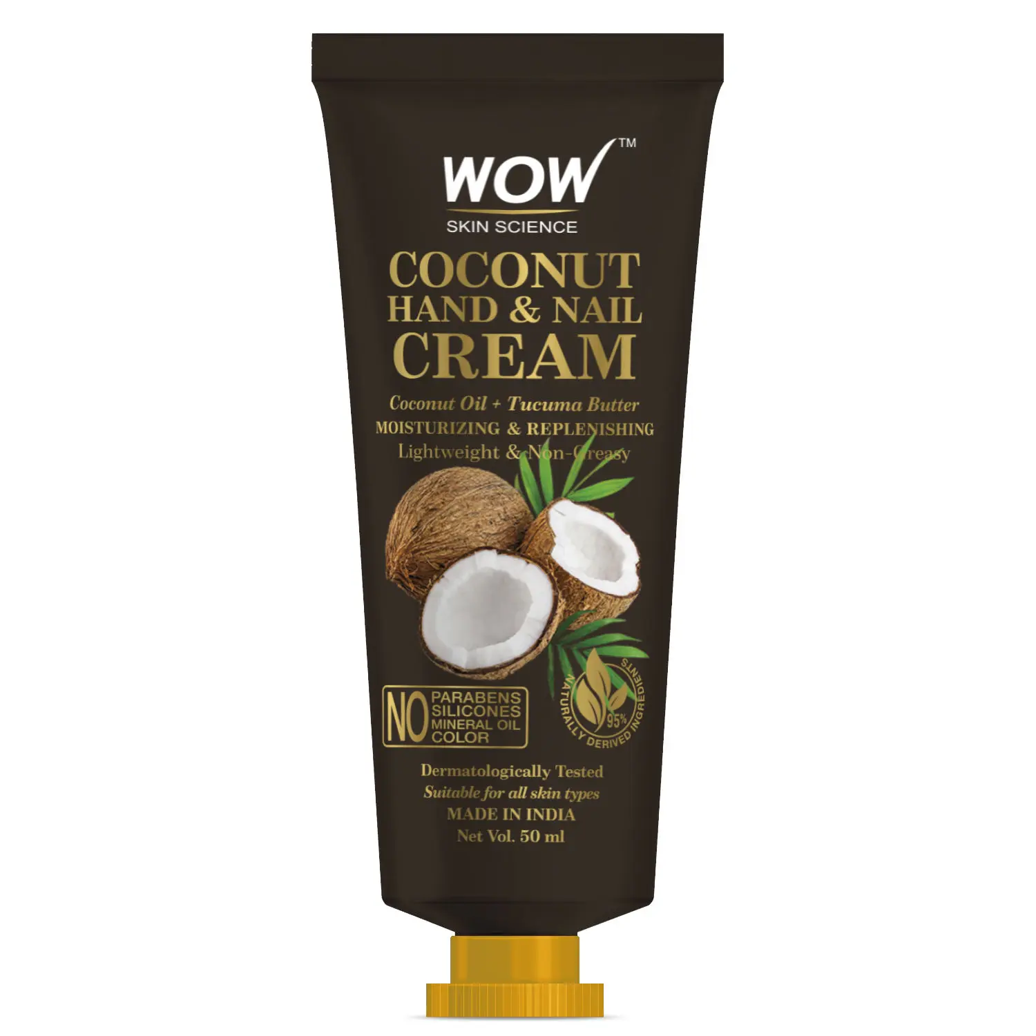 WOW Skin Science Coconut Hand & Nail Cream - Moisturizing & Replenishing - Lightweight & Non-Greasy - Quick Absorb - for All Skin Types - No Parabens, Silicones, Mineral Oil & Color - 50mL