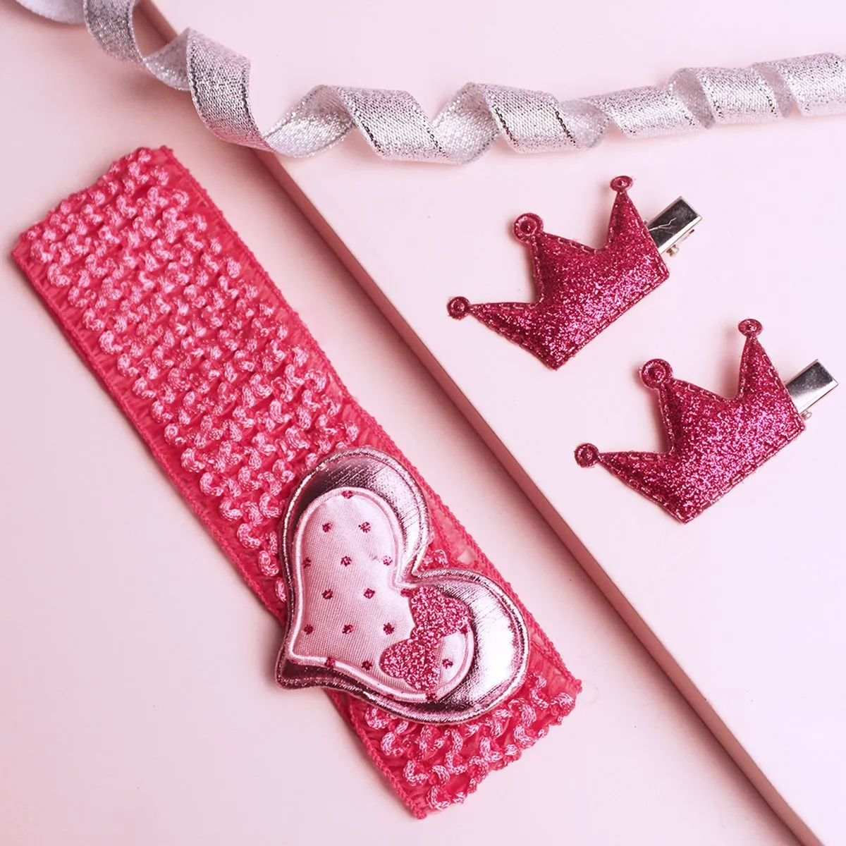 Lil' Star By Ayesha Kids Pink Crown Hair Pin & Crochet Head Band Set