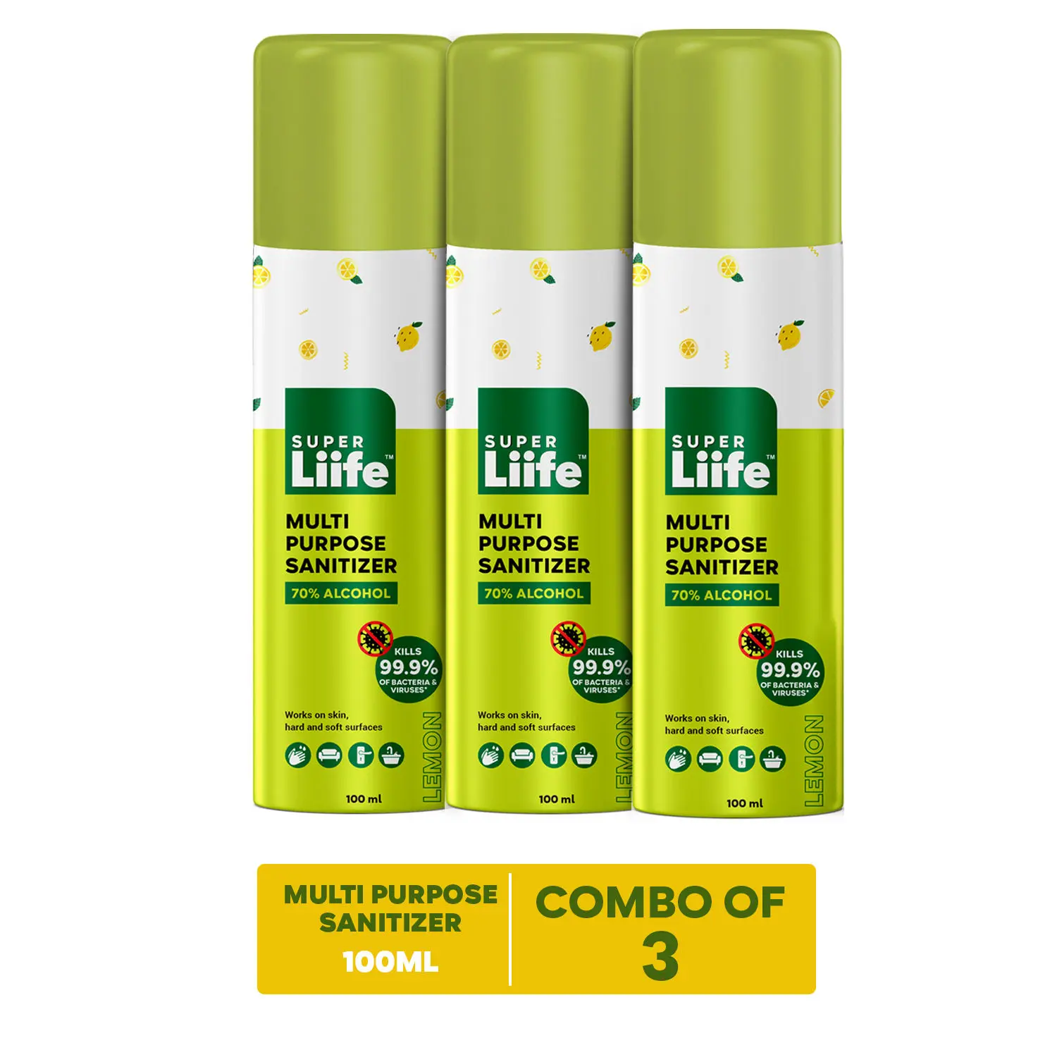 Super Liife Multi Purpose Sanitizer (100ml)-Lemon, Germ Protection On Skin, Hard and Soft Surface- Pack of 3