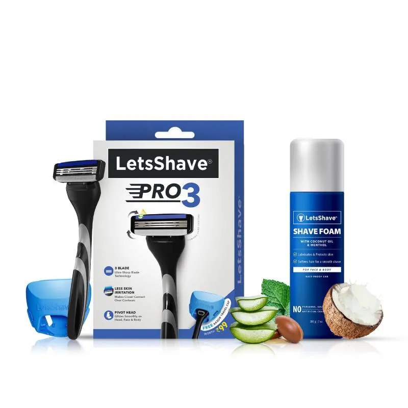 LetsShave Pro 3 Shaving Kit (1 Handle + Pack of 4 Blades + Shaving foam + Razor Cap