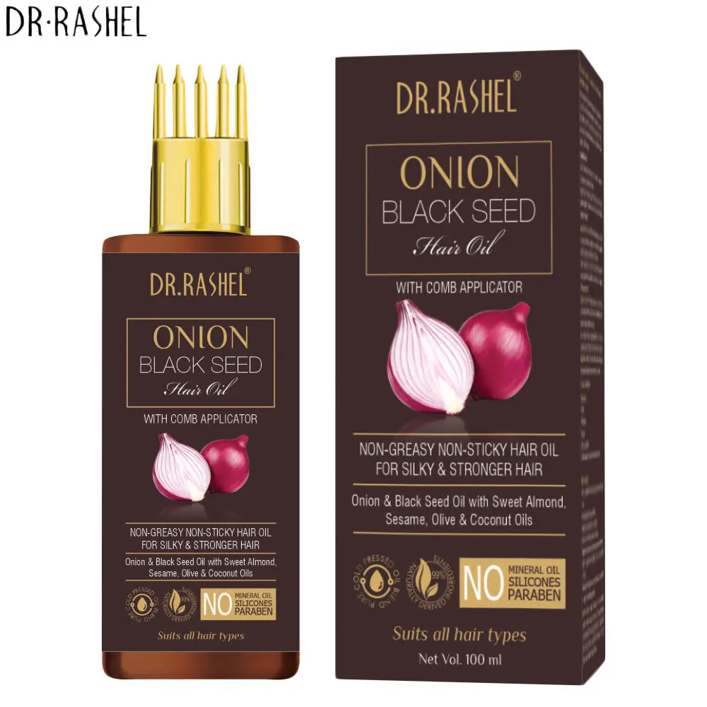 DR.RASHEL Onion Black Seed Hair Oil With Comb Applicator - Non-greasy Non-Sticky Hair Oil For Silky & Stronger Hair - 100ml