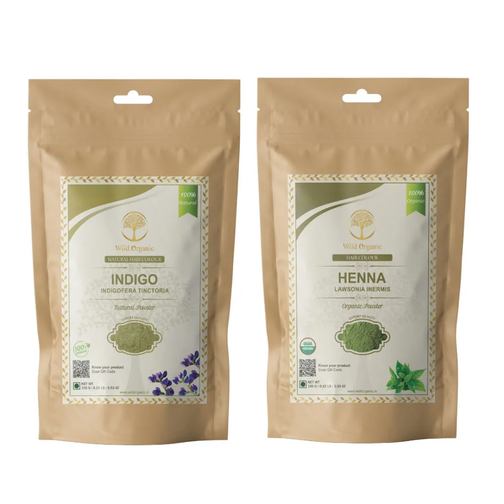 Wild Organic Indigo Powder & Organic Heena Powder Natural Hair Color Combo for All Hair Type