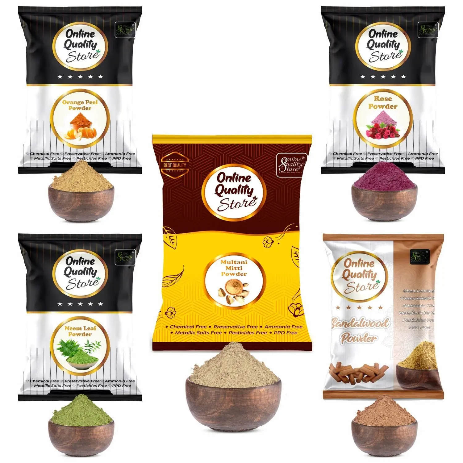 Online Quality Store Face Pack Powder Combo - 900 g (Set of 5) |multani mitti powder |chandan powder |orange peel powder |neem powder |rose powder for face {Mti_chan_orge_nm_ros_900}