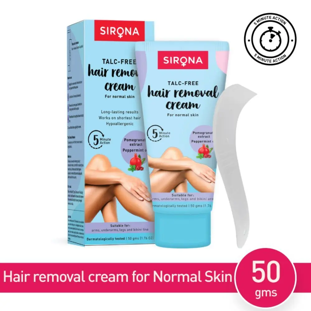 Sirona Talc Free Hair Removal Cream for Normal Skin - 50 gms for Arms, Legs, Bikini Line & Underarm with No TALC & No Chemical Actives