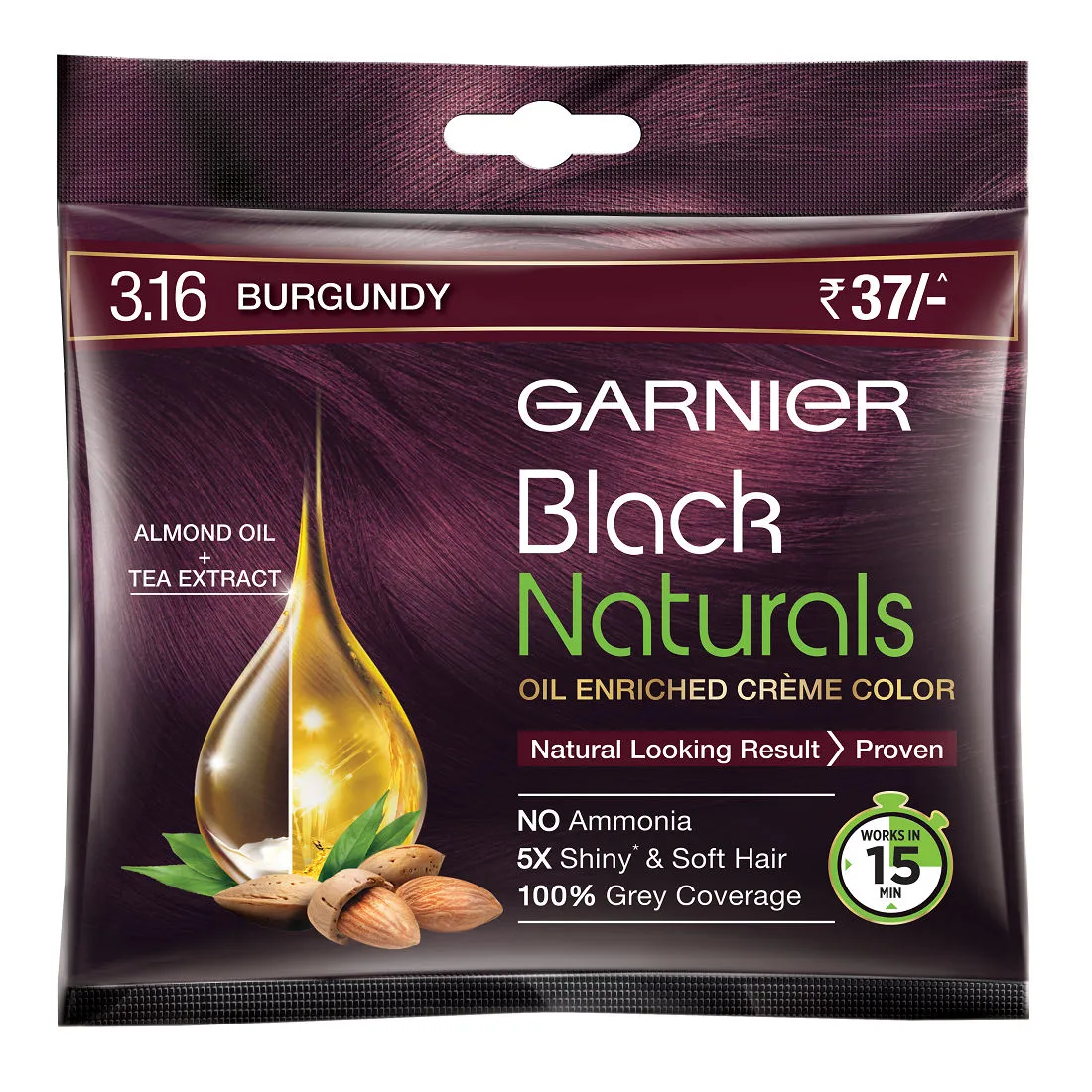 Garnier Black Naturals Oil Enriched Cream Hair Colour - 3.16 Natural Burgandy