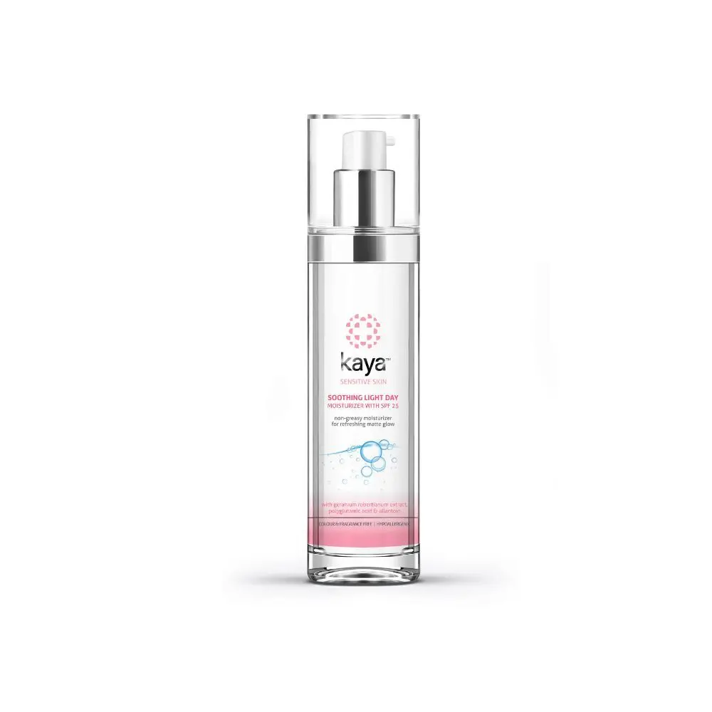 Kaya Sensitive Skin Soothing Light Day Moisturizer with SPF 25 non-greasy moisturizer for refreshing matte glow | With Geranium Robertianum extract, Polyglutamic acid & Allantoin | Fragrance free for sensitive skin, 50 ml