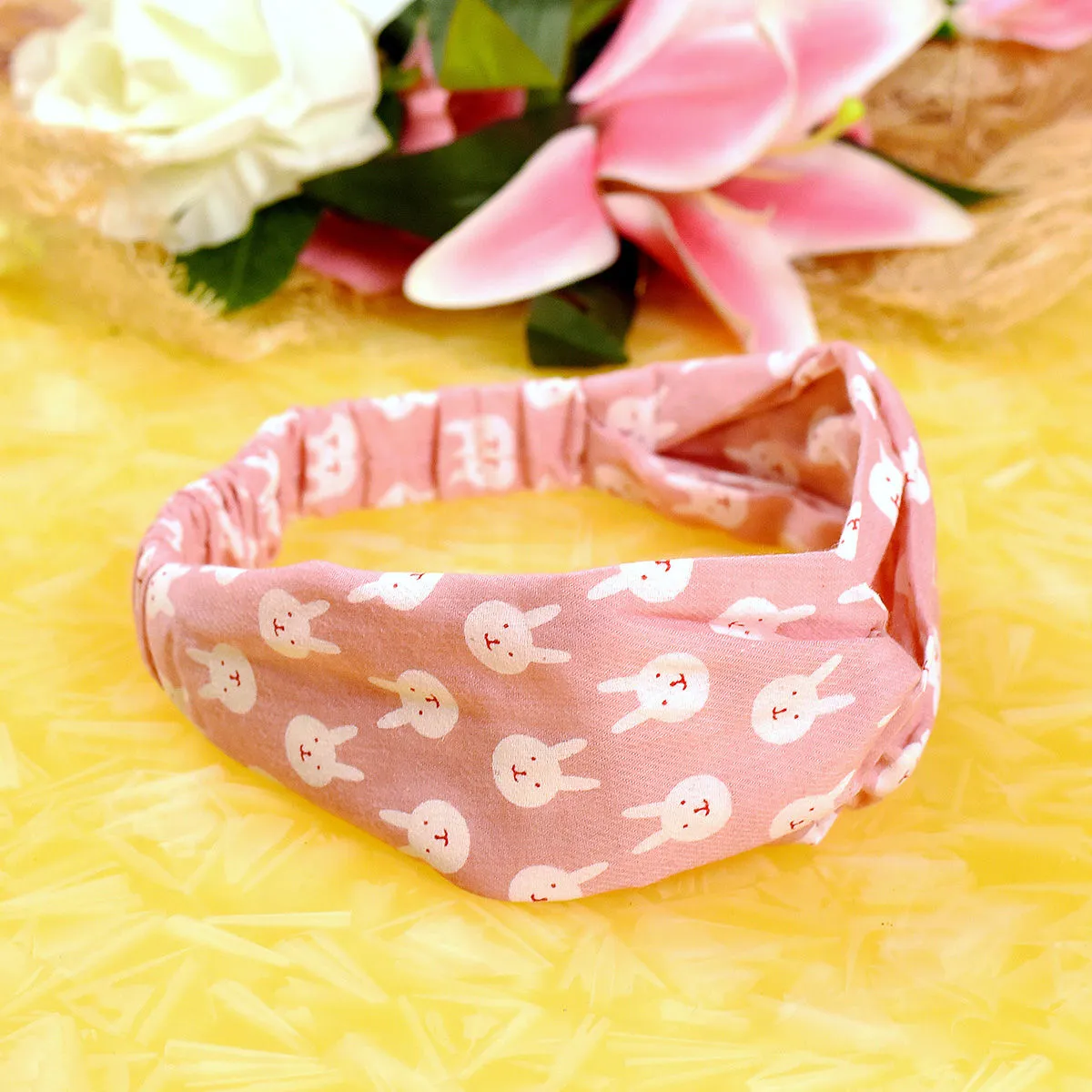 YoungWildFree Pink Bunny Printed Elastic Knot Wrap Headbands For Women-Trending Pretty Design 2021