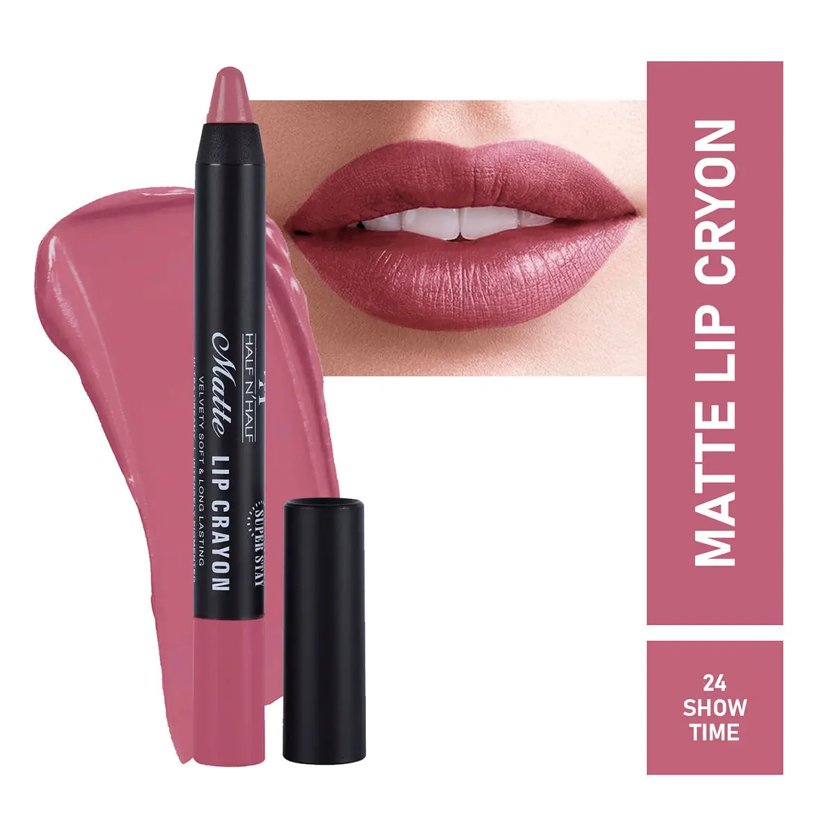 Half N Half Matte Lip Crayon Velvet Soft, Rich Creamy Matte Texture, 24h Super Stay, Waterproof & Non-Transfer, Long Lasting, Matte Finish, 24 Show Time (3.5gm)