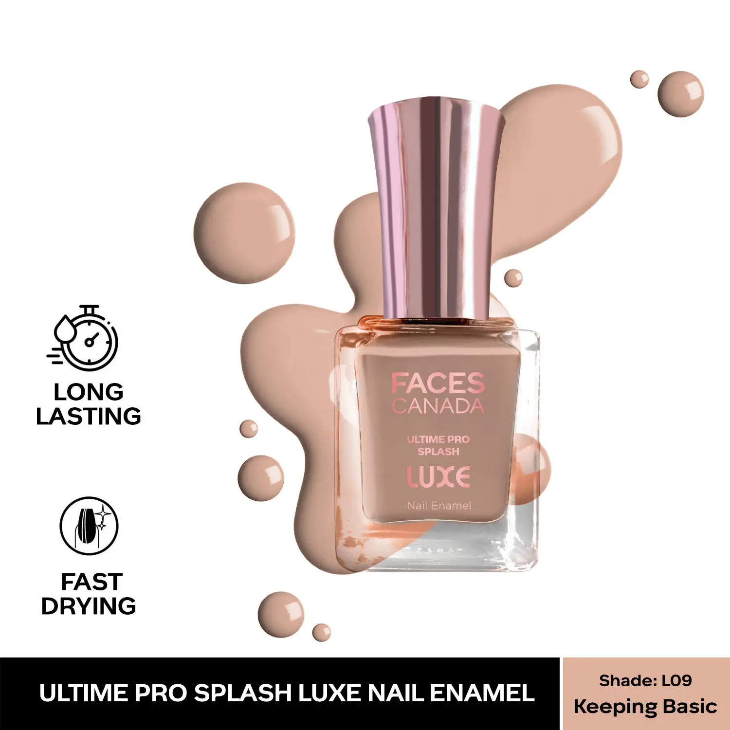 FACESCANADA Ultime Pro Splash Luxe Nail Enamel I Quick-drying I Long lasting I Even-Finish I Vegan I Cruelty-free I Non-Toxic I Ethanol-free I Keeping Basic (L09)12ml